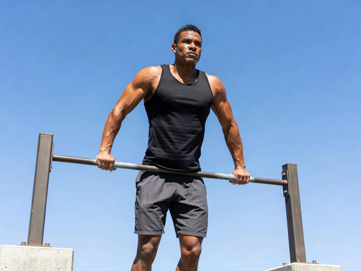 Athlete performing a muscle-up on outdoor pull-up bars against a bright sky