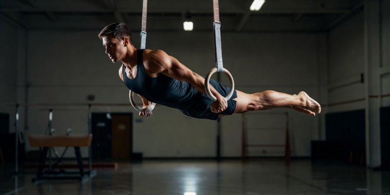 Athlete performing a perfect horizontal front lever on gymnastic rings