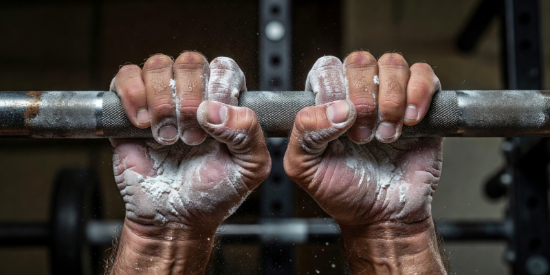 Close up of hands gripping a pull-up bar with chalk