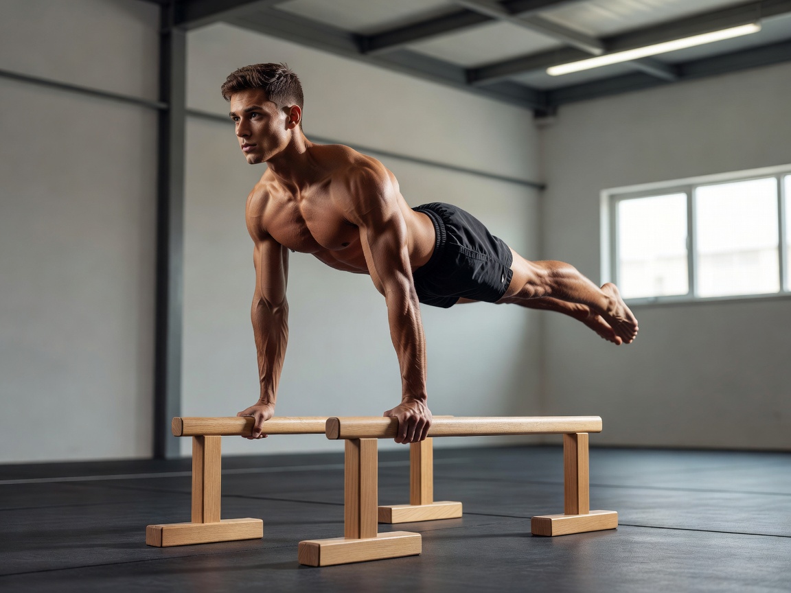 Gymnast holding a horizontal planche position on low parallettes