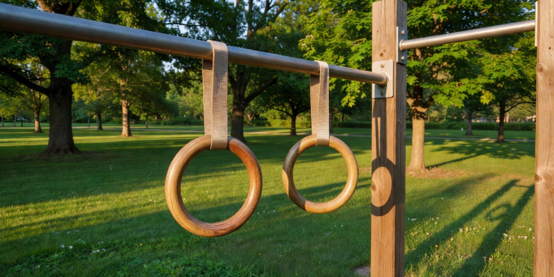 Pair of wooden gymnastics rings hanging from a metal bar in a park