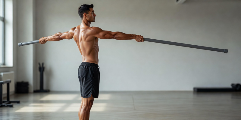 Person doing a deep shoulder dislocate stretch with a PVC pipe