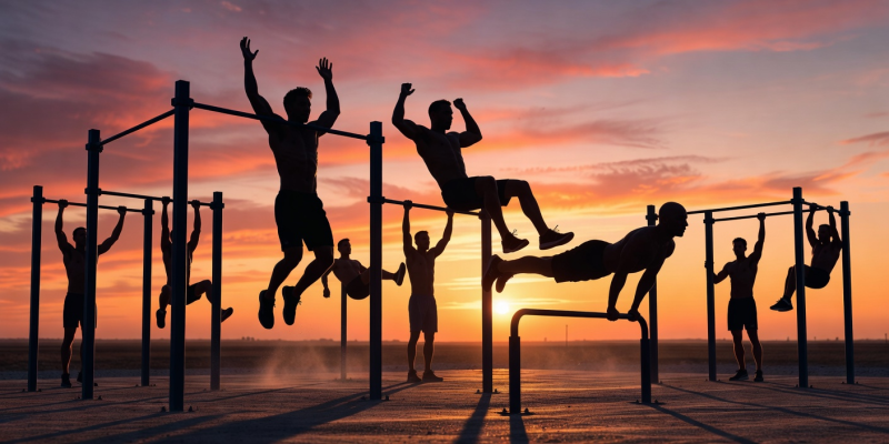 Silhouettes of athletes performing street workout routines on bars against a sunset