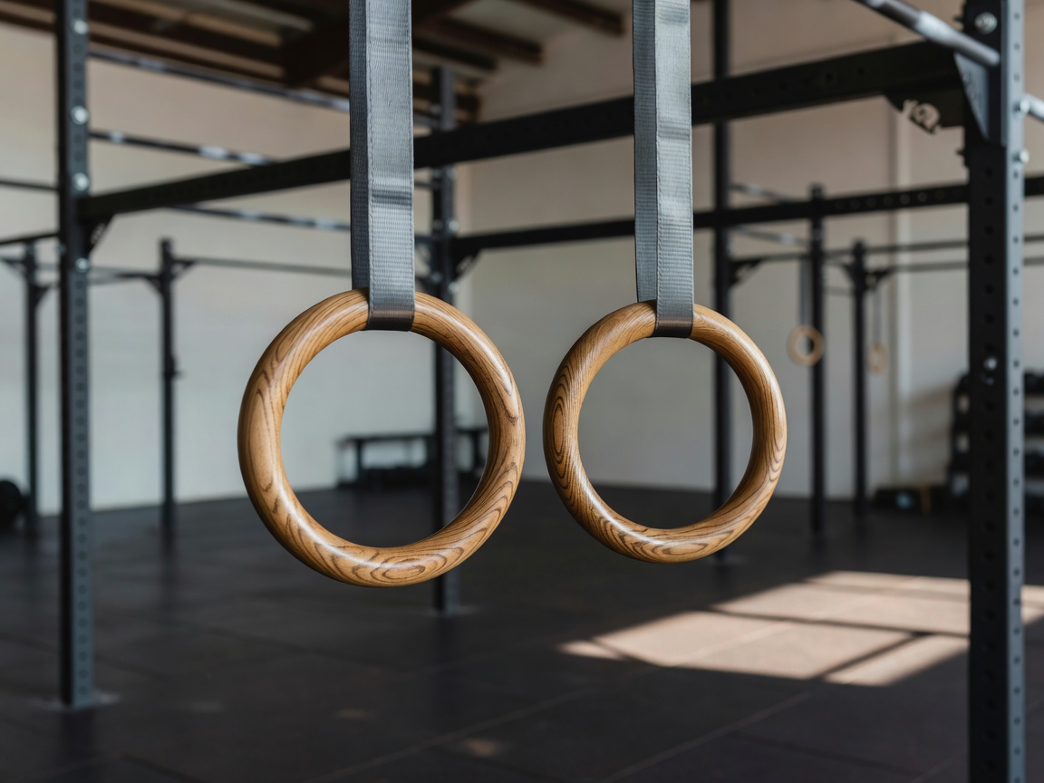 Wooden gymnastics rings hanging from sturdy straps